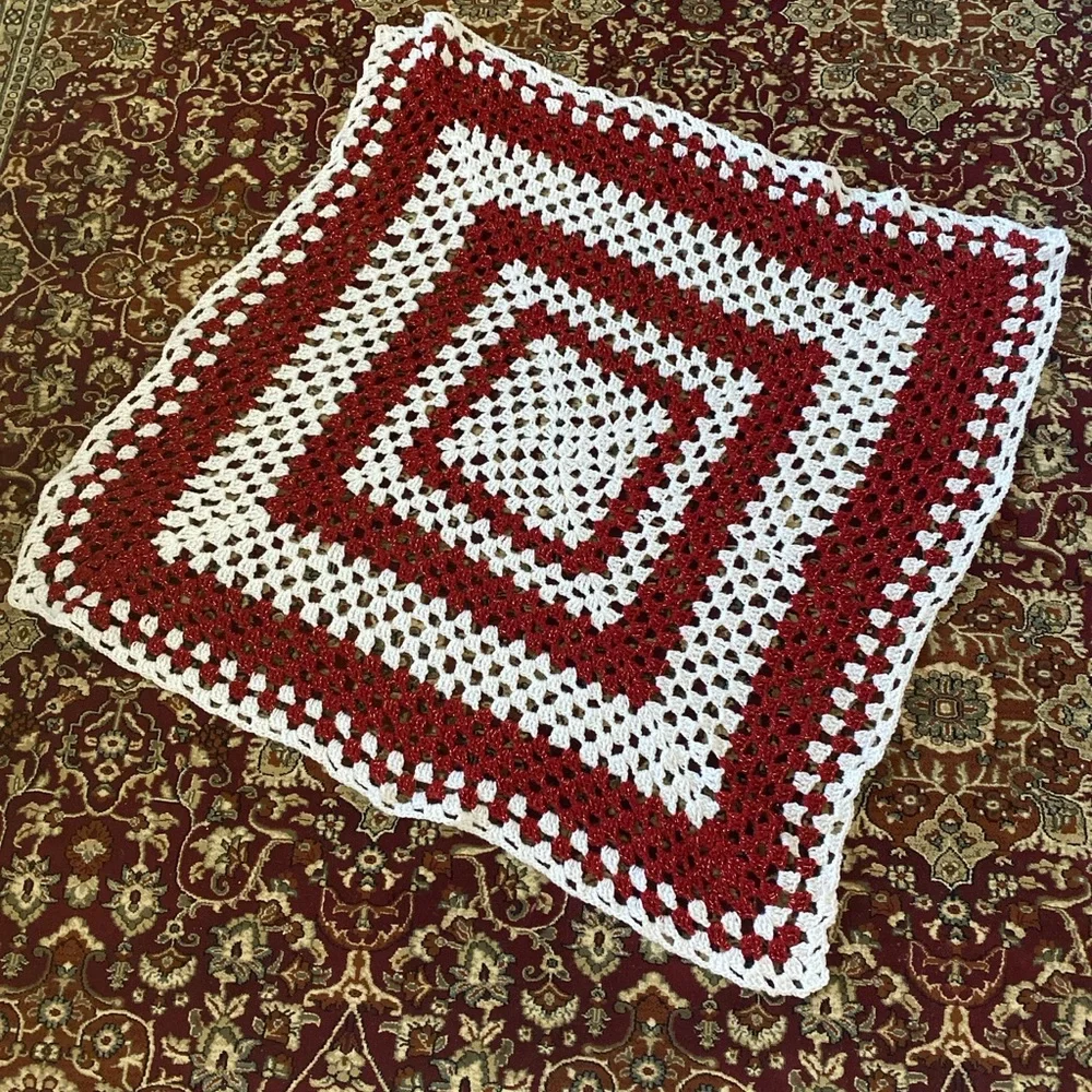 Festive Red and White Crochet Throw Blanket